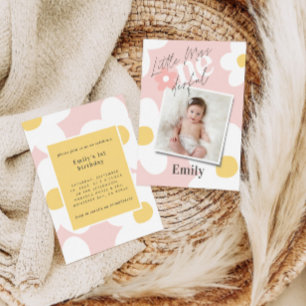 First birthday daisy boho retro photo pink yellow invitation