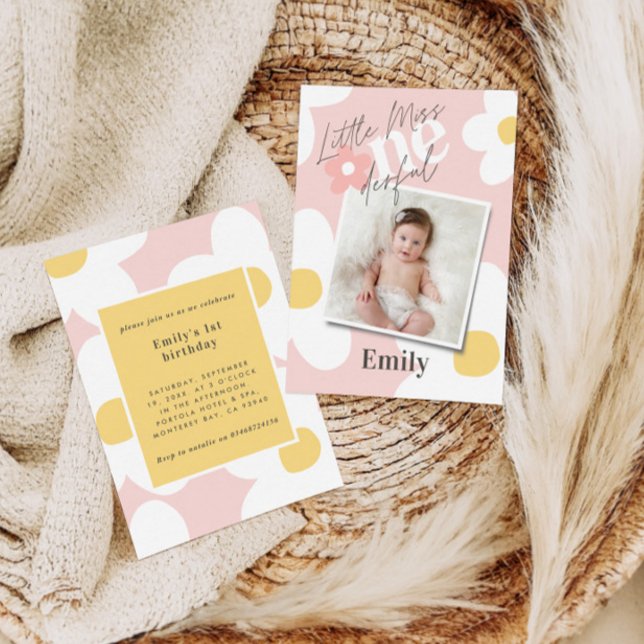 First birthday daisy boho retro photo pink yellow invitation (Creator Uploaded)