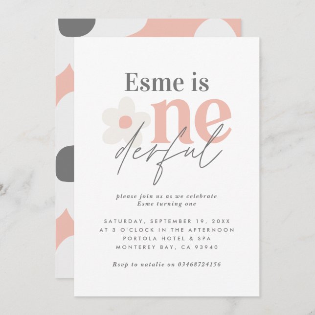 First birthday daisy boho retro pink girly cute invitation (Front/Back)