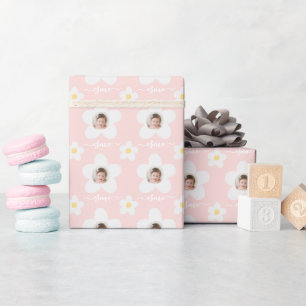 First birthday daisy boho retro pink yellow wrapping paper