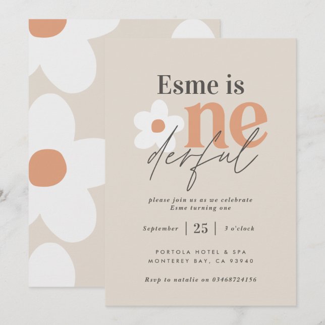 First birthday daisy boho retro terracotta natural invitation (Front/Back)