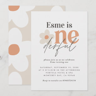 First birthday daisy boho retro terracotta natural invitation