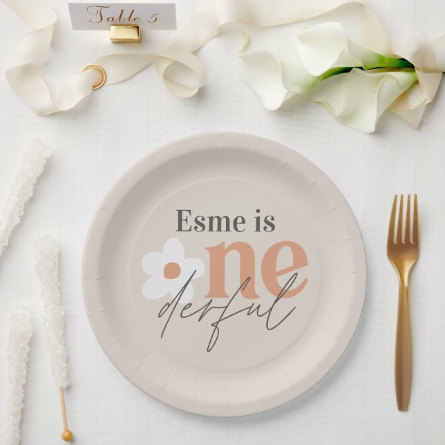 First birthday daisy boho retro terracotta natural paper plate (Wedding)