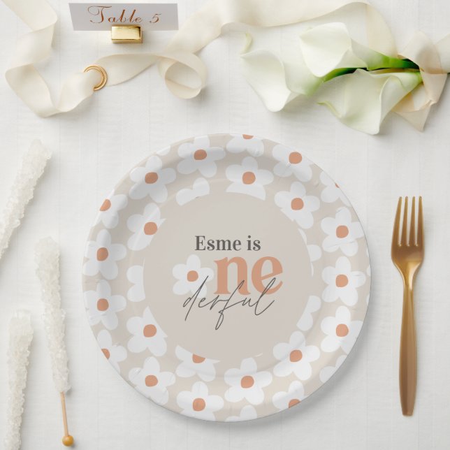 First birthday daisy boho retro terracotta natural paper plate (Wedding)