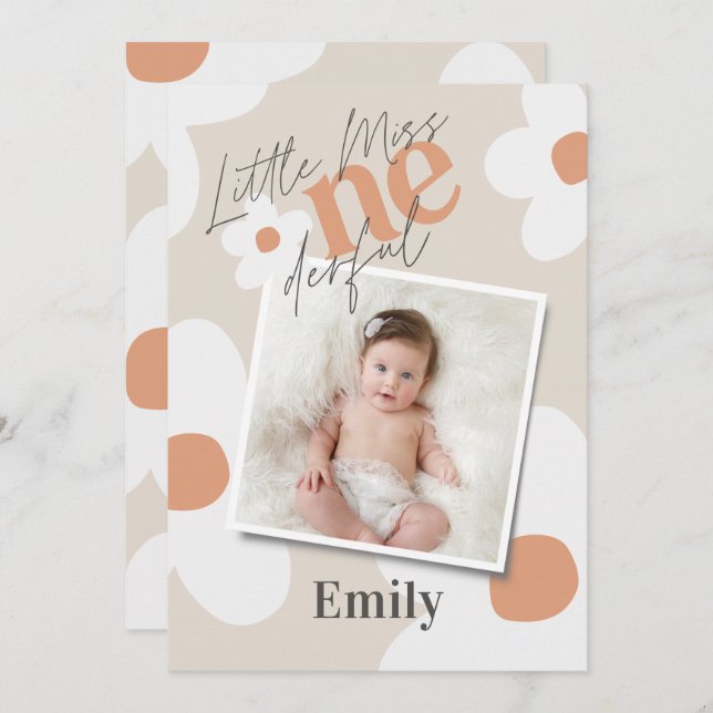 First birthday daisy boho retro terracotta photo i invitation (Front/Back)