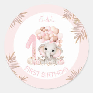 First Birthday Elephant Pink Fall Girl Classic Round Sticker