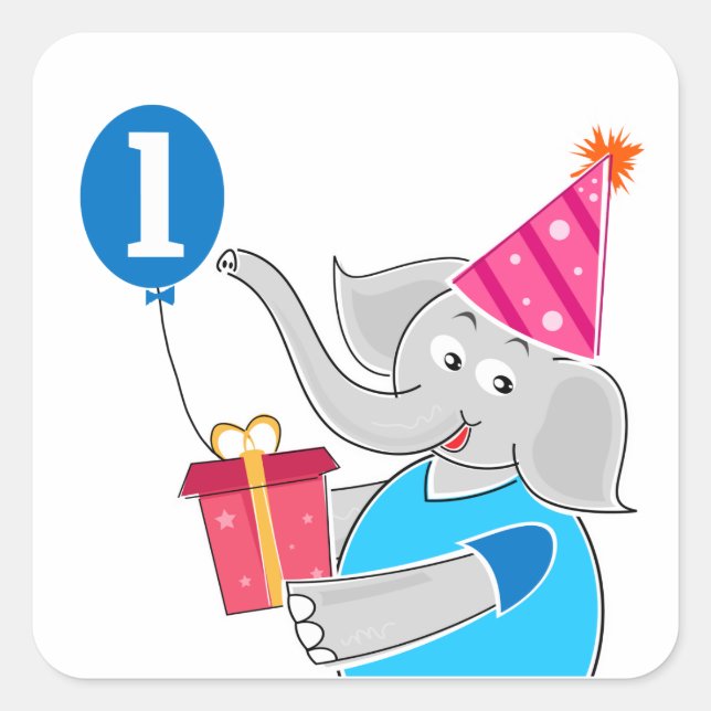 First Birthday Elephant with Balloon Square Sticker (Front)