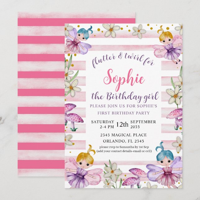 First Birthday Fairy Princess Pink & Gold  Invitation (Front/Back)