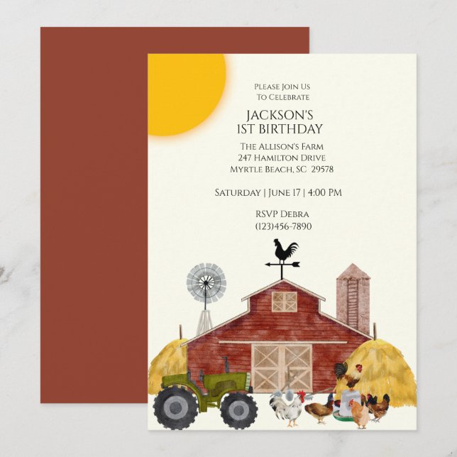 First Birthday Farm Barn Animals Invitations (Front/Back)
