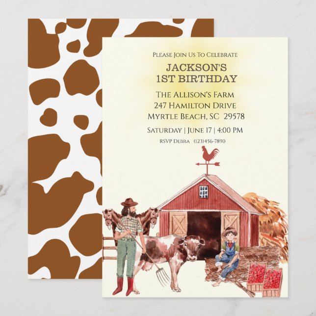 First Birthday Farm Barn Animals Invitations (Front/Back)