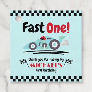 First Birthday Fast One Vintage Blue Race Car Favour Tags