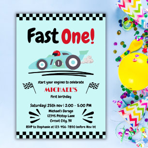 First Birthday Fast One Vintage Blue Race Car Invitation