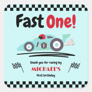 First Birthday Fast One Vintage Blue Race Car Square Sticker