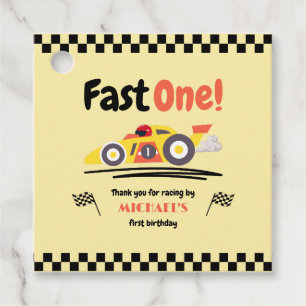 First Birthday Fast One Yellow Vintage Race Car Favour Tags