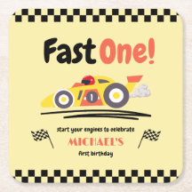 First Birthday Fast One Yellow Vintage Race Car