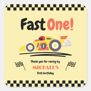 First Birthday Fast One Yellow Vintage Race Car Square Sticker