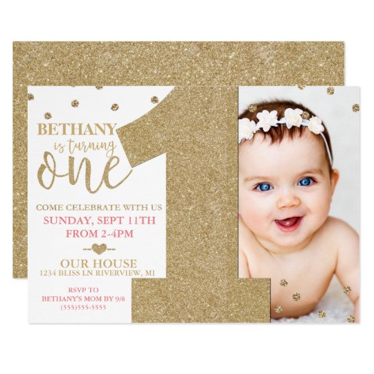 First Birthday Faux Gold Glitter & Pink Invitation