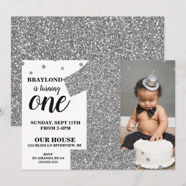 First Birthday Faux Silver Glitter Invitation (Front/Back)