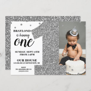 First Birthday Faux Silver Glitter Invitation