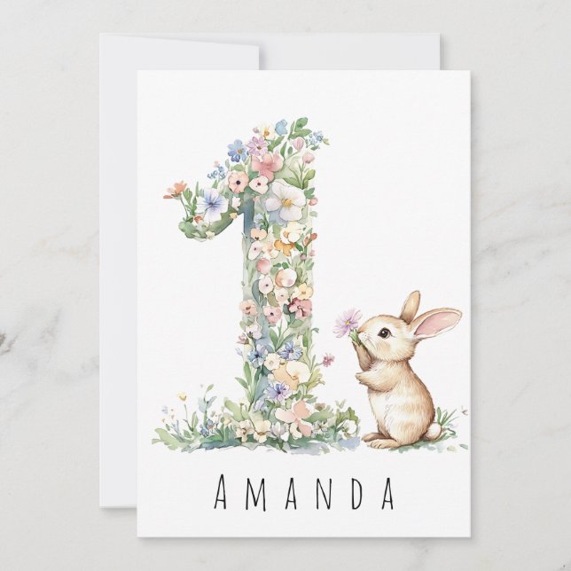 First Birthday Floral Bunny Card (Front)