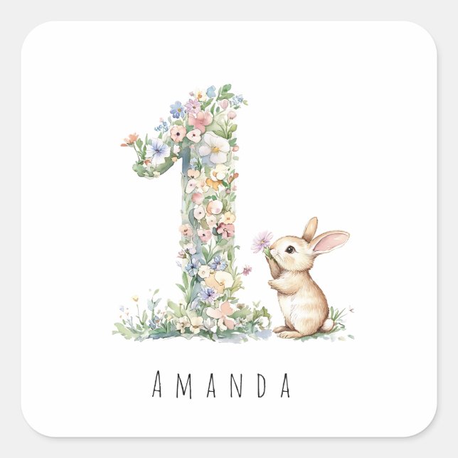 First Birthday Floral Bunny Square Sticker (Front)