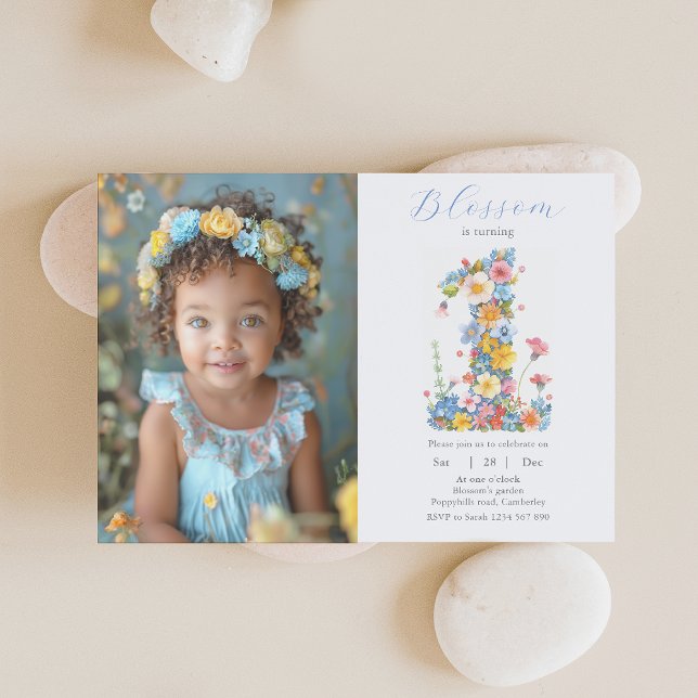 First Birthday Floral Number 1 Photo Invitation (Creator Uploaded)