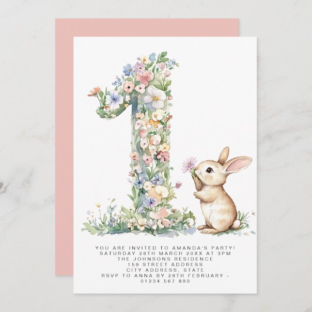 First Birthday Floral One & Bunny Invitation (Front/Back)