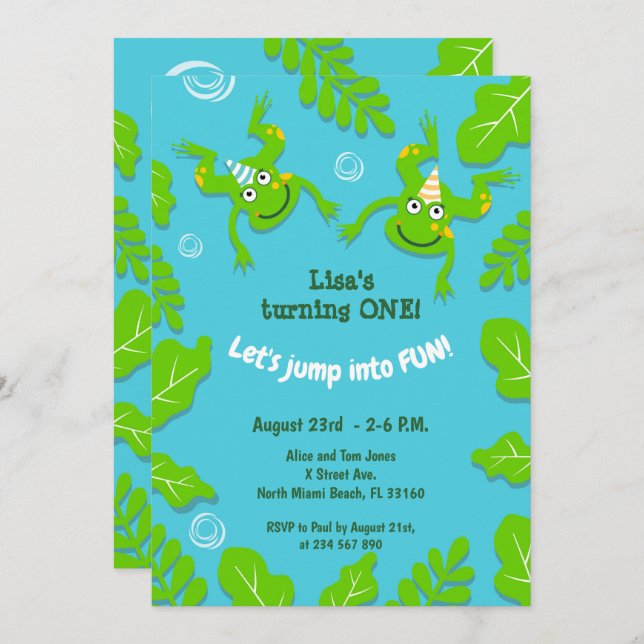 First birthday frog family in a pond party  invita invitation (Front/Back)