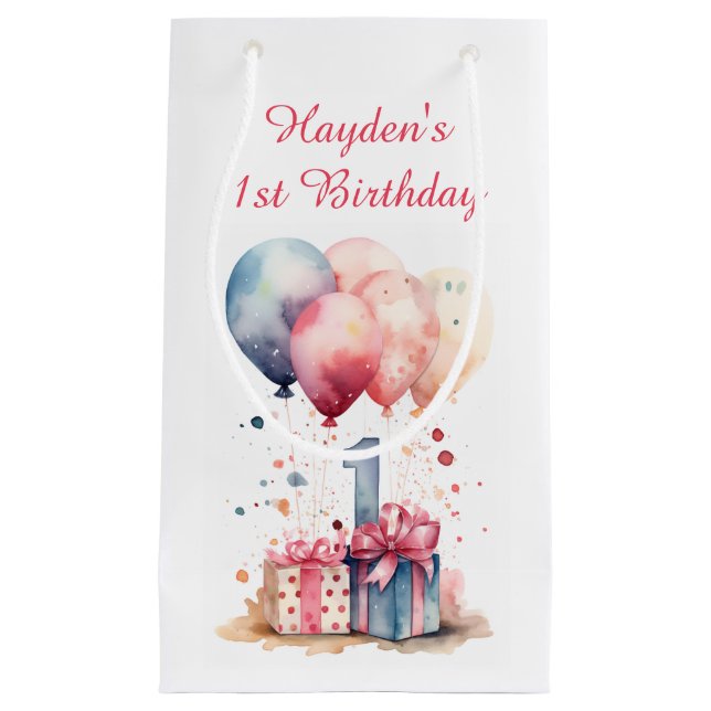  First Birthday - Gifts and balloons - Customised Small Gift Bag (Front)