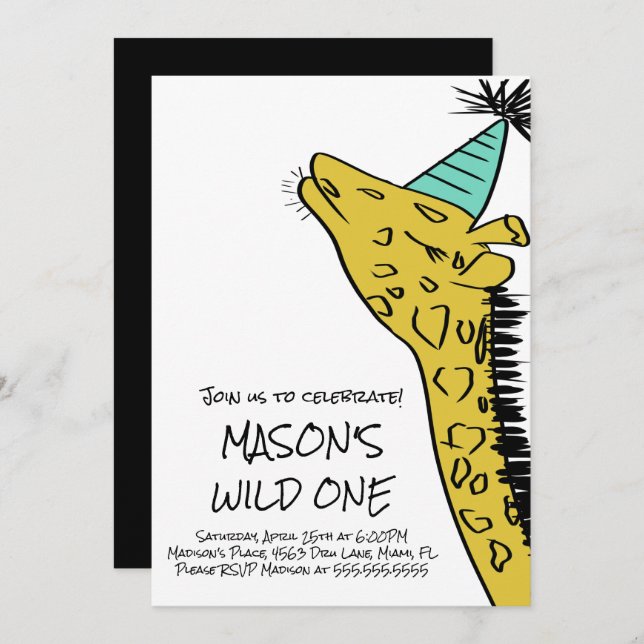 First Birthday Giraffe Animals Wild Zoo Party Invi Invitation (Front/Back)