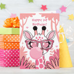 First Birthday Giraffe Pink Bubble Cute Funny  Card<br><div class="desc">A delightful birthday greeting card showcasing a cute giraffe joyfully wearing oversized pink glasses blowing a big pink bubblegum bubble. The giraffe, surrounded by lush jungle foliage in soft pastel pink creates a whimsical and fun atmosphere. A customisable greeting "HAPPY 1st BIRTHDAY!" appears in a playful font in a vibrant...</div>