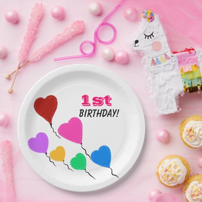 First Birthday Girl Colorful Heart Balloons Paper Plate (Party)