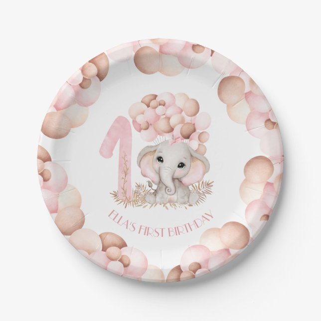 First Birthday Girl Cute Elephant Pink Balloons Paper Plate (Front)