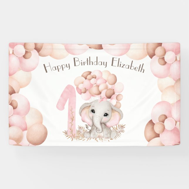 First Birthday Girl Cute Pink Elephant  Banner (Horizontal)