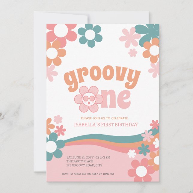 First Birthday Girl Daisy Groovy One Invitation (Front)
