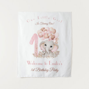 First Birthday Girl Elephant Welcome Sign Tapestry