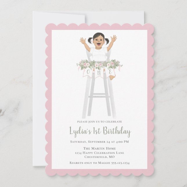 First Birthday Girl High Chair Bunting Invitation (Front)