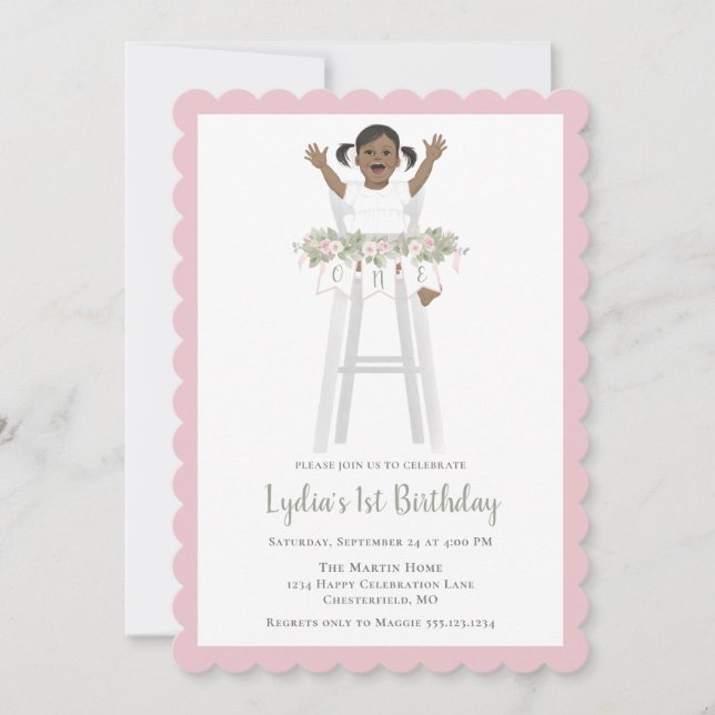 First Birthday Girl High Chair Bunting Invitation (Front)