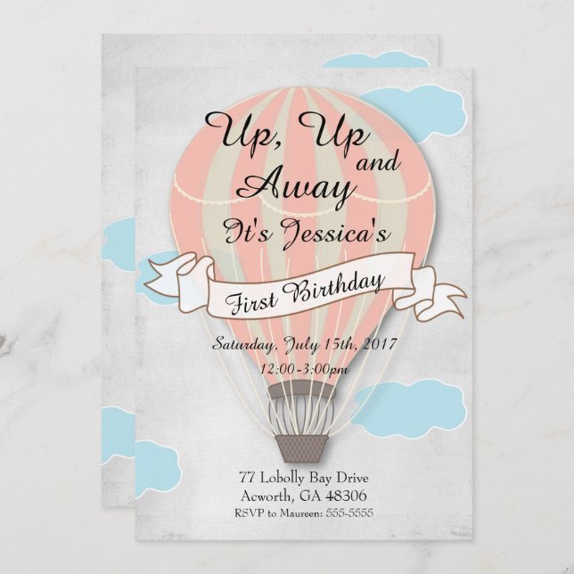 First Birthday Girl Hot Air Balloon Invitation (Front/Back)