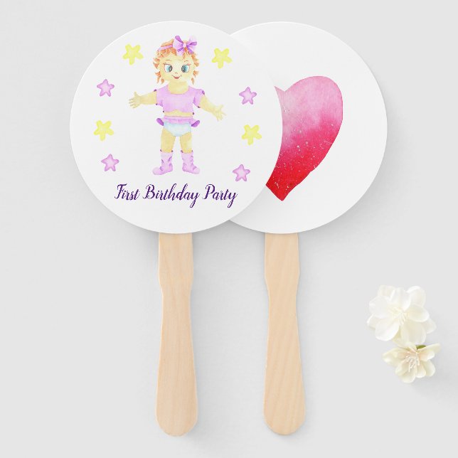 First Birthday Girl Party Hand Fan (Front and Back)