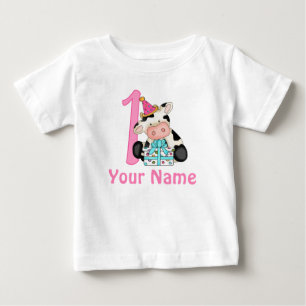 First Birthday Girl Pink Cow Baby T-Shirt