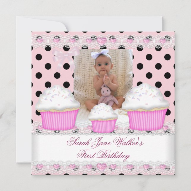 First Birthday Girl Pink Cupcakes Black White Baby Invitation (Front)