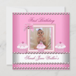 First Birthday Girl Pink Cupcakes White Baby Invitation