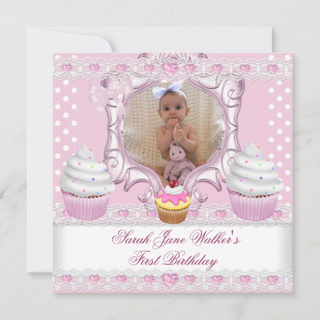 First Birthday Girl Pink Cupcakes White Baby Invitation (Front)