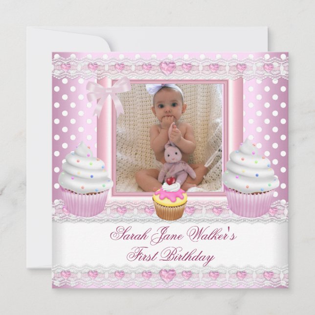 First Birthday Girl Pink Cupcakes White Spot Baby Invitation (Front)