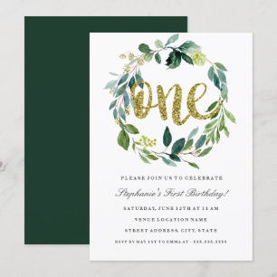 First Birthday Gold Green Floral Wreath Invitation