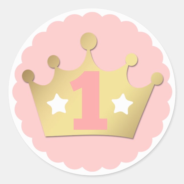 First Birthday Gold Princess Crown & Shabby Pink Classic Round Sticker (Front)