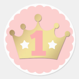First Birthday Gold Princess Crown & Shabby Pink Classic Round Sticker