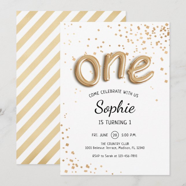 First Birthday - Gold White Invitation (Front/Back)