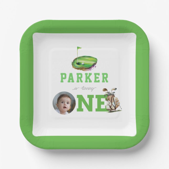First Birthday Golf Partee Personalised Photo Paper Plate (Front)